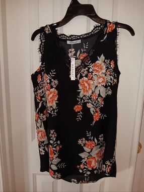 Harlay Floral Sleeveless V-Neck Tank - Black with Orange Blooms NWT